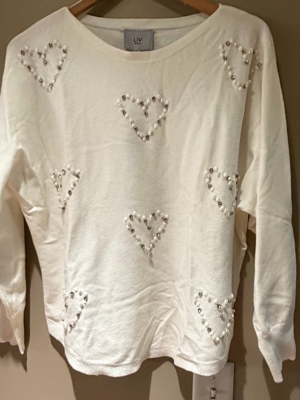 LIV Cream Crewneck Sweater with Rhinestone & Pearl Heart Details L NWT